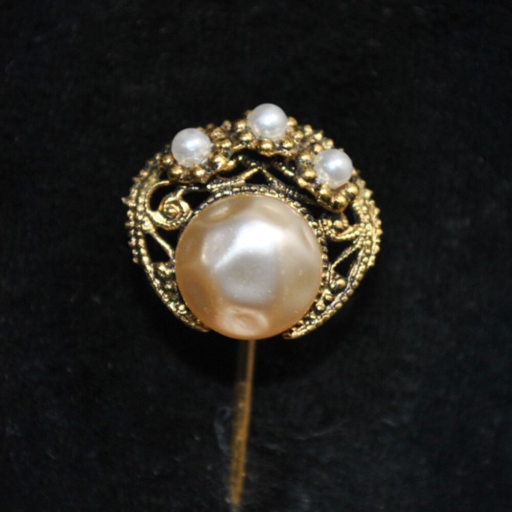 Vintage West Germany Gold-tone Stick Pin with Filigree & Faux Pearls